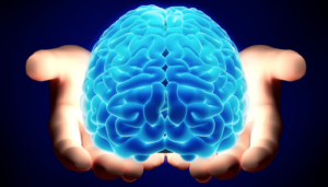 um cérebro azul nas mãos de uma pessoa