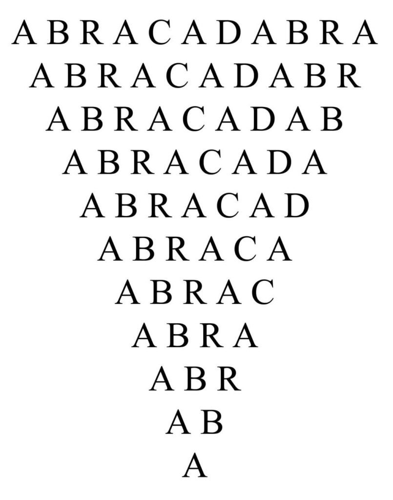 Abracadabra escrito em forma de cone em português